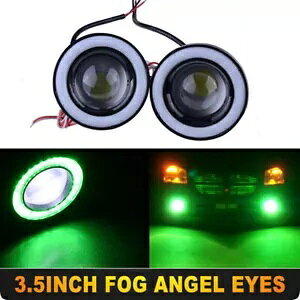 89 ~[g LED vWFN^[tHOCgvEhO[ COB n[GWFACOd/ 89mm Car LED Projector Fog Light Lamp Round Green COB Halo Angel Eye Ring Bulbs/