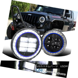 ヘッドライト 2PC 7" Round Black White LED Halo Blue Rim Projector Headlights Lamp Wrangler TJ 2PC 7 "ラウンドブラックホワイトLEDハローブルーリムプロジェクターヘッドライトランプラングラーTJ