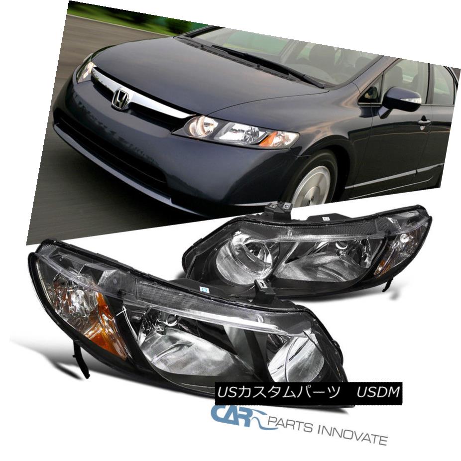 ヘッドライト Fit 06-11 Civic Sedan 4Dr Si EX LX DX GX Hybrid JDM Black Head  Lights Lamp+Amber フィット06-11シビックセダン4Dr Si EX LX DX  GXハイブリッドJDMブラックヘッドライトランプ+アンバー