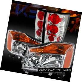 テールライト Fit Nissan 04-13 Titan Chrome Amber Headlights+Clear Rear Tail Lamps フィット日産04-13タイタンクロームアンバーヘッドライト+ Cle arリアテールランプ
