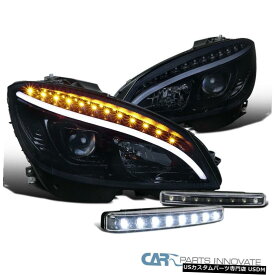 Headlight 08-11ベンツW204 Cクラス光沢のある黒いプロジェクターヘッドライト+黒8 LEDフォグ For 08-11 Benz W204 C-Class Glossy Black Projector Headlights+Black 8-LED Fog