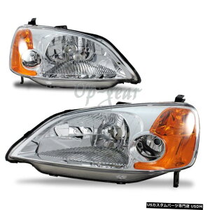 N[bL 01-03z_VrbNN[nEWONAYAo[tN^[wbhCgvp For 01-03 Honda Civic Chrome Housing Clear Lens Amber Reflector Headlights Lamps