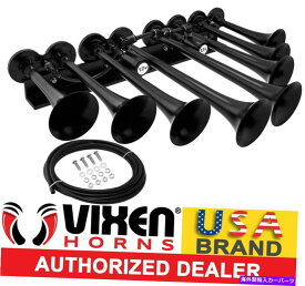 Train Horn VIXEN HORNS電車エアホーントラック/車/ SUVラウドサウンドdBの12V用8トランペットブラック VIXEN HORNS Train Air Horn 8 Trumpets Black for Truck/Car/SUV Loud Sound dB 12v