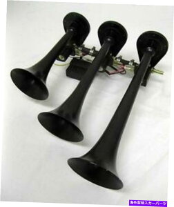 Train Horn �u���b�N���^���C�����C��12V 152 DB�O�g���v���g�����y�b�g�G�A�}���`HornTruck�Z�~�z�[�� BLACK Metal Inline 12V 152 DB Three Triple Trumpet Air Multi HornTruck Semi Horn