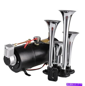 Train Horn ԓdԃgbN̂߂4gybgGA[z[12VRvbT[Lbgu[^NQ[W 4 Trumpet Air Horn 12V Compressor Kit Blue Tank Gauge for Car Train Truck