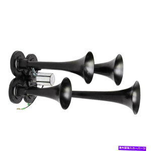 Train Horn 600fVx12 / 24VX[p[Eh4gybgԃGAz[ubN̓gbN̎SUṼXs[J[tBbg 600db 12/24V Super Loud 4 Trumpet Train Air Horn Black fit Truck Car SUV Speaker