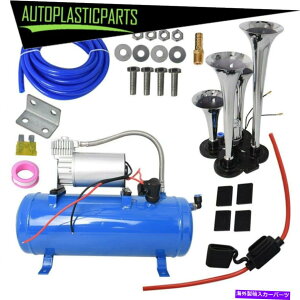 Train Horn Ԃ̗ԃgbNp12VRvbT[u[4gybgGAz[Lbg^NQ[W 12V Compressor Blue 4 Trumpet Air Horn Kit Tank Gauge for Car Train Truck
