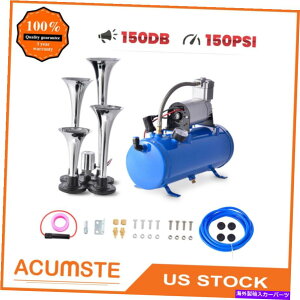 Train Horn ԓdԃgbN̂߂4gybgGAz[150fVx12VRvbT[Lbgu[^NQ[W 4 Trumpet Air Horn 150 dB 12V Compressor Kit Blue Tank Gauge for Car Train Truck