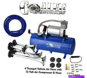 Train Horn ԓdԃgbN̂߂4gybgGA[z[12VRvbT[Lbgu[^NQ[W 4 Trumpet Air Horn 12V Compressor Kit Blue Tank Gauge for Car Train Truck