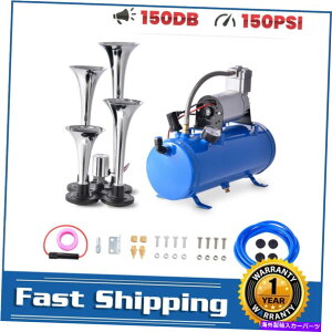 Train Horn 4gybgGAz[12V 150fVxRvbT[Lbg^NQ[Wԗ1.6GAL 120psi 4 Trumpet Air Horn 12V 150dB Compressor Kit Tank Gauge Car Train 1.6GAL 120psi