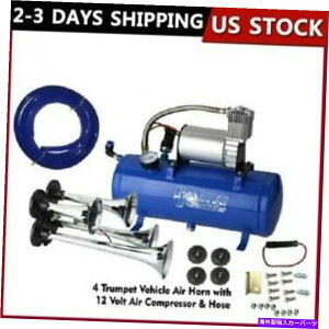 Train Horn Ԃ̗ԃgbNp12V 4gybgGA[z[RvbT[Lbgu[^NQ[W 12V 4 Trumpet Air Horn Compressor Kit Blue Tank Gauge for Car Train Truck