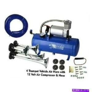 Train Horn Ԃ̗ԃgbNp12V 4gybgGA[z[RvbT[Lbgu[^NQ[W 12V 4 Trumpet Air Horn Compressor Kit Blue Tank Gauge for Car Train Truck