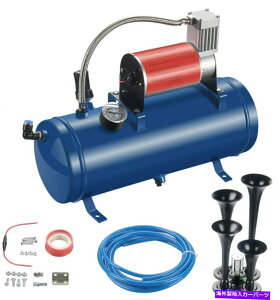 Train Horn 6L 4gybgGA[z[12VRvbT[Lbgu[^NQ[WԂ̗ԃgbN150PSI 6L 4 Trumpet Air Horn 12V Compressor Kit Blue Tank Gauge Car Train Truck 150PSI