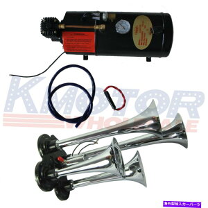 Train Horn 150 PSI 4gybgN[dԃGAz[t3b^[12VGA[RvbT[ 150 PSI 3 Liter 12V Air Compressor With 4 Trumpet Chrome Train Air Horn