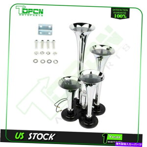 Train Horn N[^12V 135 DBX[p[EhdԃgbNGAz[4gybgLbg Chrome Metal 12V 135 DB Super Loud Train Truck Air Horn 4 Trumpet Kit