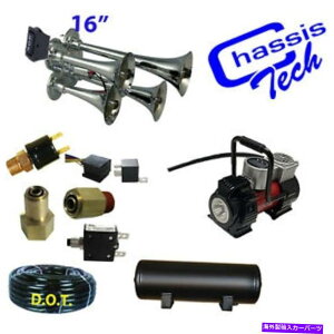Train Horn dԃGA[z[RvbT[3M̃^NtLbgSUPER LOUD 16" NAbhgybg Train Air Horn Kit SUPER LOUD 16" Quad Trumpets With Compressor 3 Gal black tank