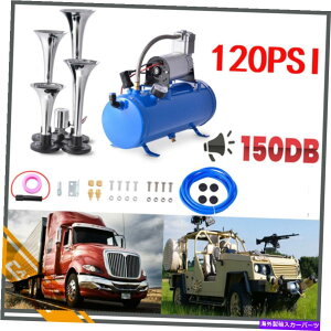 Train Horn ԓdԃgbN̂߂4gybgGA[z[12VRvbT[Lbgu[^NQ[W 4 Trumpet Air Horn 12V Compressor Kit Blue Tank Gauge for Car Train Truck