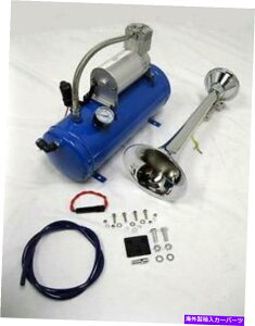 Train Horn LOUD�N���[�����^��150 DB�V���O���g�����y�b�g�u���[�R���v���b�T�[���b�g�g���C���G�A�z�[���L�b�g17 Chrome Metal 150 DB Single Trumpet LOUD Train Air Horn Kit 17 w Blue Compressor