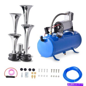 Train Horn Ԃ̗ԃgbNp12V 4gybgGA[z[RvbT[Lbgu[^NQ[W 12V 4 Trumpet Air Horn Compressor Kit Blue Tank Gauge for Car Train Truck