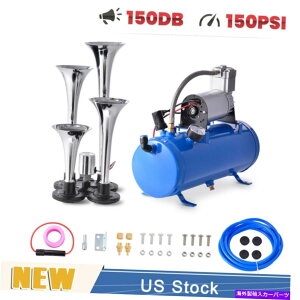 Train Horn 4gybgGA[z[12VRvbT[Lbgu[^NQ[W1.6GAL 120psi 150fVx 4 Trumpet Air Horn 12V Compressor Kit Blue Tank Gauge 1.6GAL 120psi 150dB