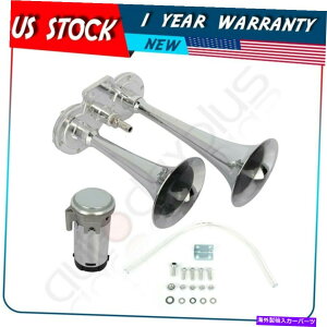 Train Horn Eh12V 135fVxԂ̃gbNN[fAgybgRpNgdԃGAz[Lbg Ultra Loud 12v 135dB Car Truck Chrome Dual Trumpet Compact Train Air Horn Kit
