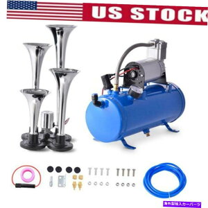 Train Horn J[gCgbN̂߂12V 4gybgGA[z[RvbT[Lbgu[^NQ[W 12V 4 Trumpet Air Horn Compressor Kit Blue Tank Gauge For Car Train Truck US