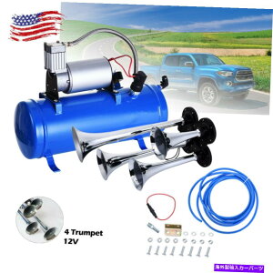 Train Horn Ԃ̗Ԃ̃gbNjo[T̂߂4gybg12VdԃGAz[Lbgu[^NQ[W 4 Trumpet 12V Train Air Horn Kit Blue Tank Gauge For Car Train Truck Universal