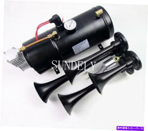 Train Horn ăubN4 - gybg150 DBgbNdԃGAz[Lbg+GA[RvbT[150PSIz[X US Black 4-Trumpet 150 DB Truck Train Air Horn Kit + Air 150PSI Compressor Hose