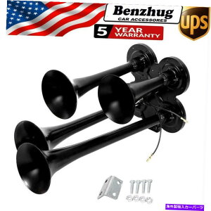 Train Horn Ԃ̗ԃgbNI[goC{[ĝ߂4gybgGA[z[12VLbgubN^NQ[W 4 Trumpet Air Horn 12V Kit Black Tank Gauge for Car Train Truck Motorcycle Boat