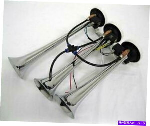 Train Horn CHROME���^���C�����C��12V 152 DB�O�g���v���g�����y�b�g�G�A�g���C���Z�~�{�[�g�z�[�� CHROME Metal Inline 12V 152 DB Three Triple Trumpet Air Train Semi Boat Horn