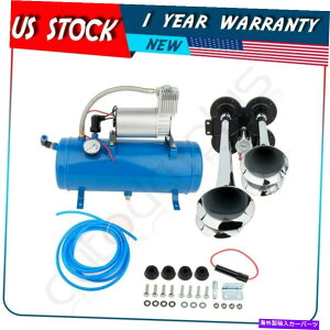 Train Horn ԓdԃgbN̂߂̃X[p[Eh4gybgGA[z[12VRvbT[^NQ[WLbg Super Loud 4 Trumpet Air Horn 12V Compressor Tank Gauge Kit for Car Train Truck