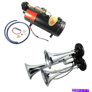 Train Horn 125 PSI���b�g��12V��C���k�@���g�p���ĐV����3�g�����y�b�g�N���[���d�ԃG�A�z�[�� NEW 3 Trumpet Chrome Train Air Horn With 125 PSI Liter 12V Air Compressor �y���s�A���i�z