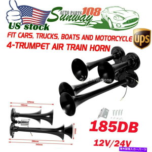 Train Horn ubNX[p[Eh12V / 24V 185DBRpNg4gybgGAz[J[{[ggCgbN Black Super Loud 12V/24V 185DB Compact 4 Trumpet Air Horn Car Boat Train Truck