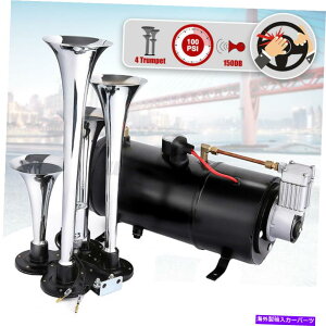 Train Horn 4gybg150 DBԂ̃gbNdԃGAz[bg/ 100 PSIRvbT[^NQ[Wz[X 4 Trumpet 150 DB Car Truck Train Air Horn w/ 100 PSI Compressor Tank Gauge Hose