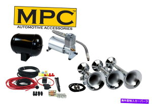 Train Horn �d�ԃG�A�z�[���L�b�g�B�O����t���b�g���b�N�g�����y�b�g�A150 PSI�R���v���b�T�[���^���N Train Air Horn Kit; Three Oversize Flat-Rack Trumpets, 150 PSI Compressor & Tank