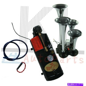 Train Horn dԃGAz[LbgB 4gybgNGAz[A150 PSI 3bg12VRvbT[ Train Air Horn Kit; 4 Trumpet Chrome Air Horn,150 PSI 3 Liter 12V Air Compressor