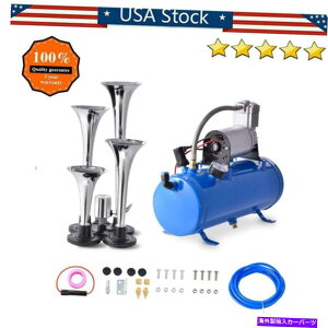 Train Horn Ԃ̗ԃgbNp12V 4gybgGA[z[RvbT[Lbgu[^NQ[W 12V 4 Trumpet Air Horn Compressor Kit Blue Tank Gauge for Car Train Truck