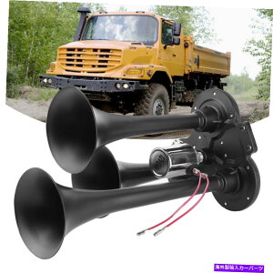 Train Horn gv3gybgGAz[Lbg12V / 24V 135DBubN̂߂ɎԂ̗ԃgbN{[gRV Triple 3 Trumpet Air Horn Kit 12V/24V 135DB Black For Car Train Truck Boat RV