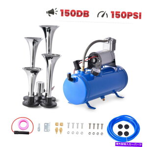 Train Horn ԓdԃgbN̂߂4gybgGA[z[12VRvbT[Lbgu[^NQ[W 4 Trumpet Air Horn 12V Compressor Kit Blue Tank Gauge for Car Train Truck