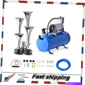 Train Horn Ԃ̗ԃgbNp12V 4gybgGA[z[RvbT[Lbgu[^NQ[W 12V 4 Trumpet Air Horn Compressor Kit Blue Tank Gauge for Car Train Truck