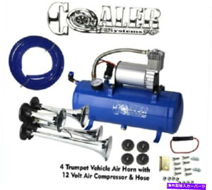 Train Horn ԓdԃgbN̂߂4gybgGA[z[12VRvbT[Lbgu[^NQ[W 4 Trumpet Air Horn 12V Compressor Kit Blue Tank Gauge for Car Train Truck