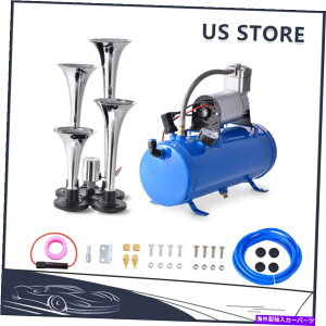 Train Horn V4gybgGA[z[12VRvbT[Lbgu[^NQ[W1.6GAL 120psi 150fVxč New 4 Trumpet Air Horn 12V Compressor Kit Blue Tank Gauge 1.6GAL 120psi 150dB US