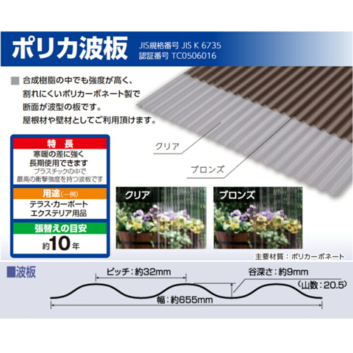 楽天市場】ポリカ 波板 3尺 910x655mm ポリカーボネート 10枚セット 10 