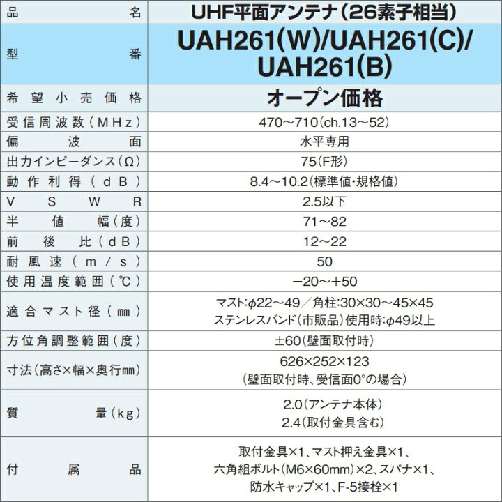 DXアンテナ 地上デジタルアンテナ UHF平面 (26素子相当) ブースター内蔵 中・弱電界地用 ホワイト UAH261B(W)