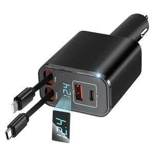 巻き取り式車 シガーソケット充電器 usb 巻き取り式ケーブル2本 4台同時に車 充電器 カーチャージャー 対応iPhoneおよびType-Cポート 車内タイプcケーブル 対応iPhone 16/15/14/iPad/1