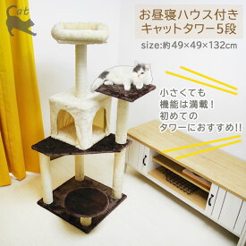 お昼寝 ハウス 付き キャットタワー 5段 CT-170037 サイズ：約49×49×132cm：耐荷重〜約20kg ハウス つめとぎ かわいい つめ ポール おもちゃ キャットタワー 一人遊び ベッド ネコ ペット 運動 タワー 動く