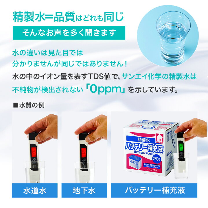 楽天市場 サンエイ化学 精製水 バッテリー補充液 5l 2箱セット コック付き 業務用 大容量 送料無料 バッテリー液 バイク フォークリフト 車 洗車 蓄電池 発電機 ウォッシャー液 Llc クーラント液 Ro水 ピュアウォーター 純水 蒸留水 イオン交換水 超純水 せいせい