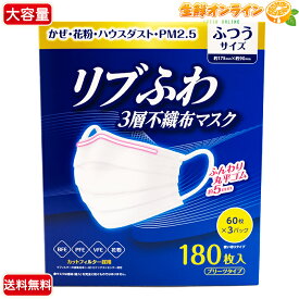 ≪180枚入≫【マスク】リブふわ 3層不織布マスク ふつうサイズ 180枚入(60枚×3パック) 大容量！◎耳にやさしいふんわり丸平ゴム約5mm幅広耳ひも◎ ◇花粉・ウイルス等に◇ リブ・ラボラトリーズ 使い切りタイプ プリーツタイプ【costco コストコ コストコ通販】風邪予防