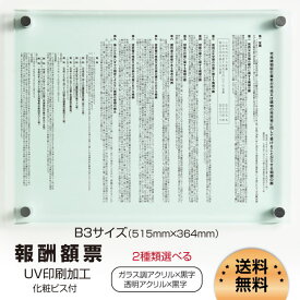 マラソン期間POINT10倍！報酬額票 約W515mm×H364mm×t5mm ガラス調or透明アクリル板 2種類【 消費税率10%対応 令和元年10月1日改訂版】UV印刷加工 報酬の額 看板 b-ak-g