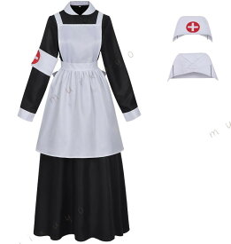 コスプレ衣装 ナース服 レディース 女性用 セット ワンピース ドレス ロング丈 ポリエステル ブラック 黒 コスチューム 舞台演出服 アニメ ゲーム キャラクター 制服 セットアップ
